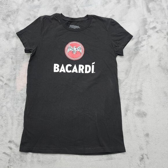Bacardi Top Womens S Black Crew Neck Short Sleeves Casual Party Rum Bat Logo - Picture 1 of 7